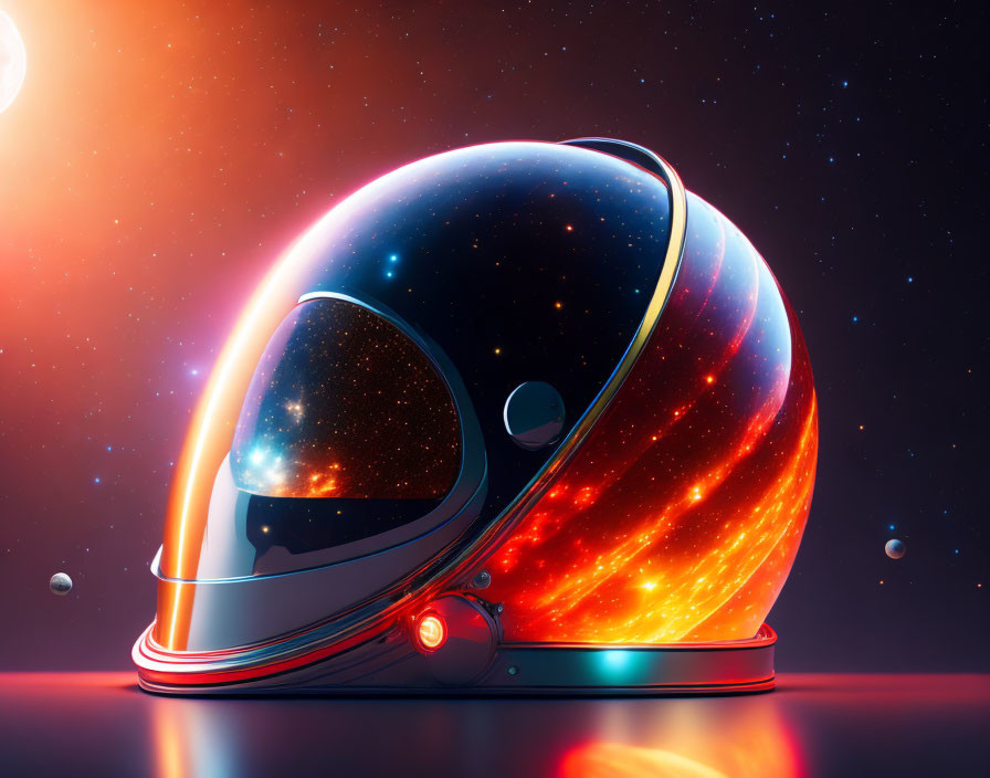 Shiny futuristic helmet with cosmos and fiery design in surreal space scene