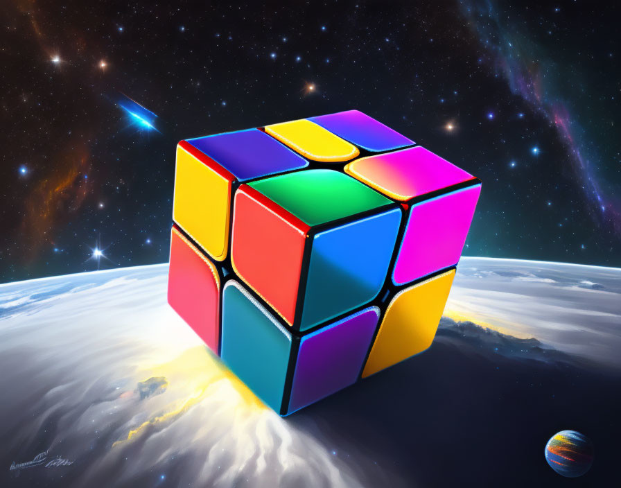 Colorful Rubik's Cube floating in space with planets and comet in the background.