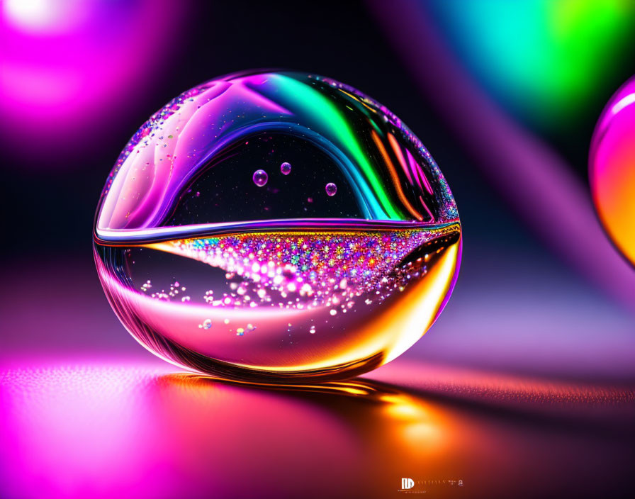 Colorful Macro Shot of Glass Sphere with Glitter and Neon Lights