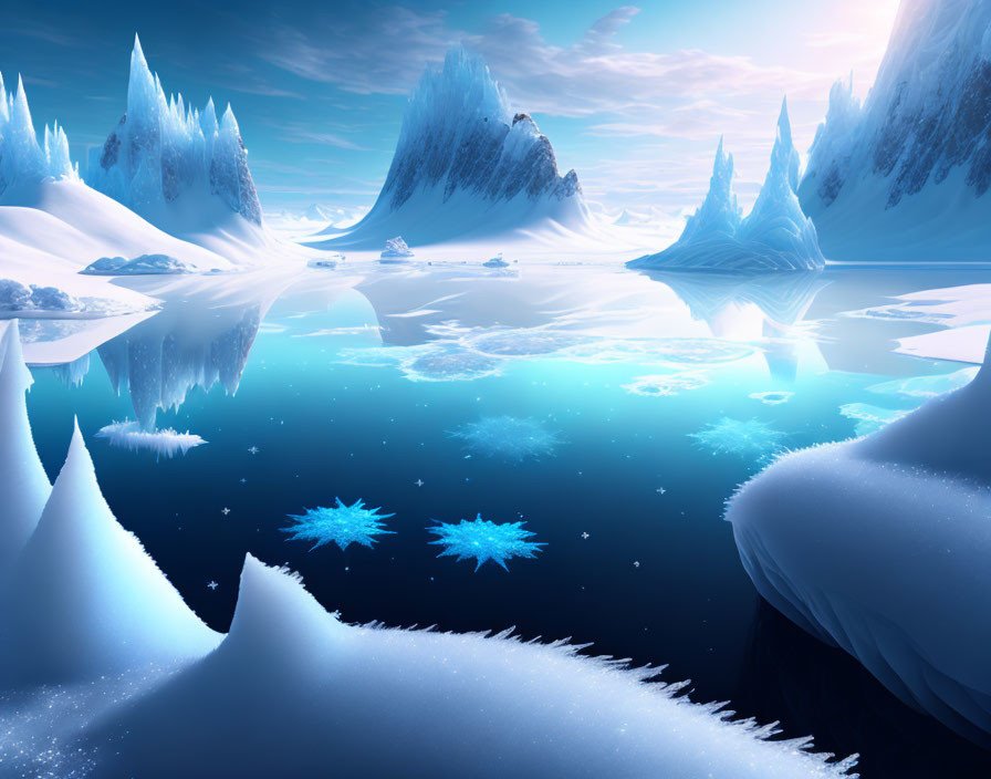 Icy Landscape with Towering Ice Formations & Reflective Water