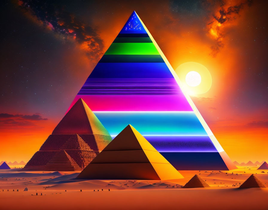 Great Pyramid of Giza transformed into colorful prism at sunset