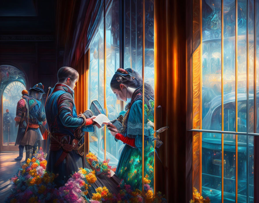 Historically dressed man and woman exchange book by sunlit window with colorful flowers.