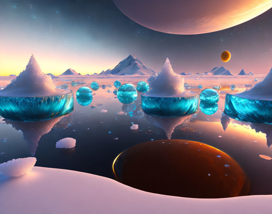 Surreal frozen landscape with ice-covered mountains and celestial bodies