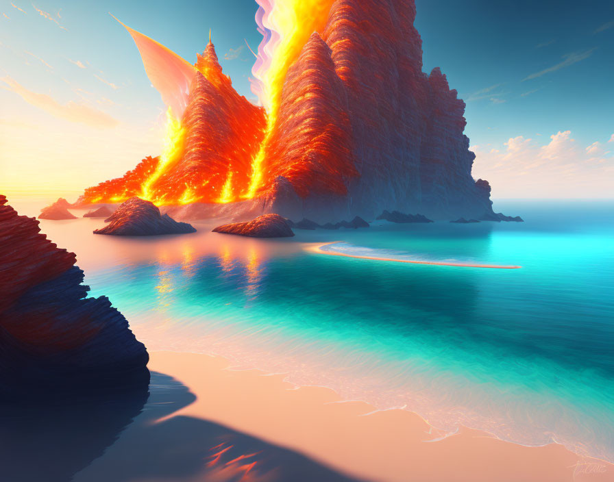 Digital artwork: Fiery volcanic eruption on island with lava flowing into tranquil sea under sunset sky