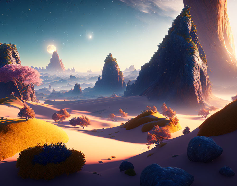 Surreal landscape with towering rocks, glowing moon, starry sky, and alien flora