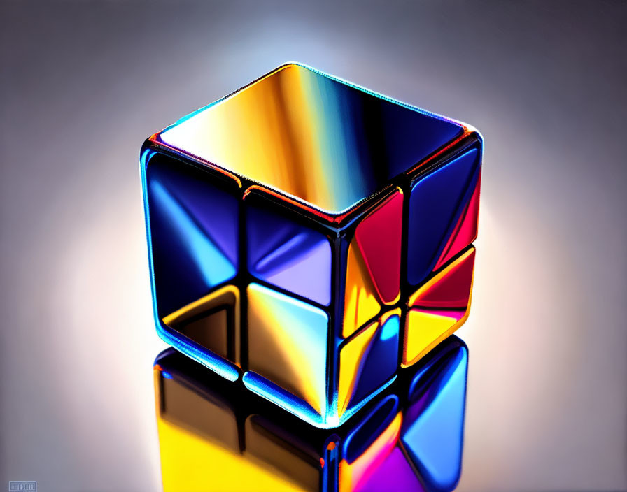 Vibrant Blue and Orange Glass Cube Reflecting Clear Image