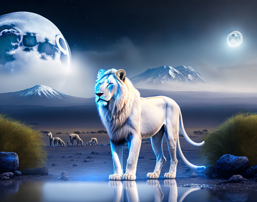 Majestic lion with moons, mountains, and elephants in surreal landscape