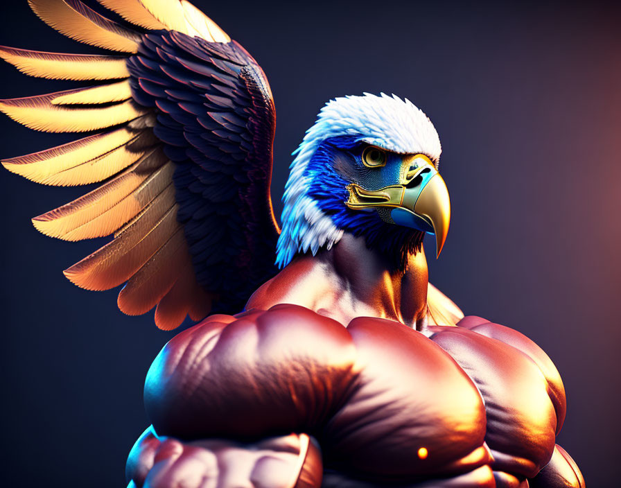 Muscular eagle-headed figure with golden beak cover on dark background