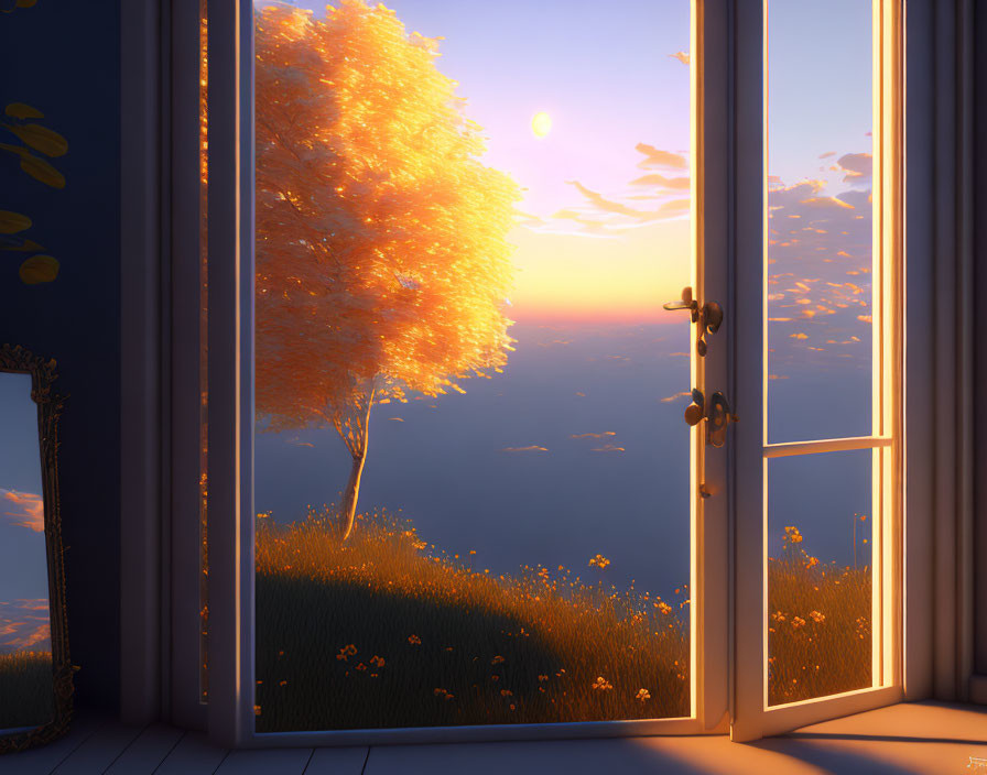 Sunset view through open window: vibrant orange tree, glowing flowers, calm sea, pastel sky