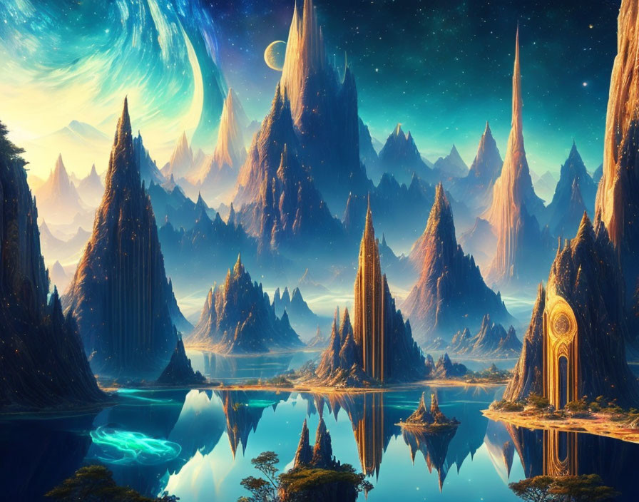 Ethereal landscape with spires, celestial sky, reflective water, and ornate arch.