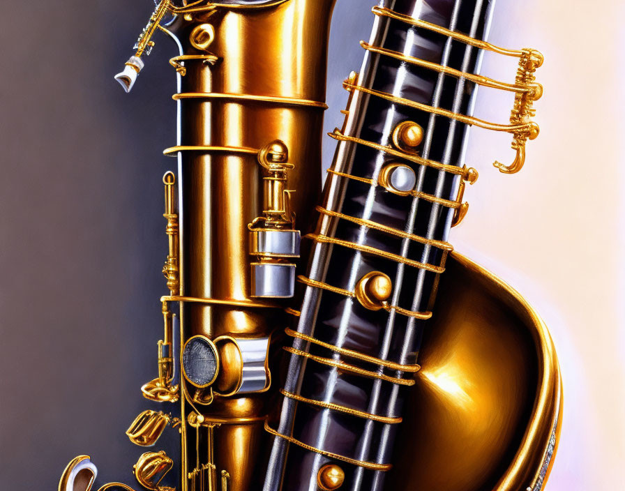 Detailed view of a golden saxophone with intricate keys and shiny valves