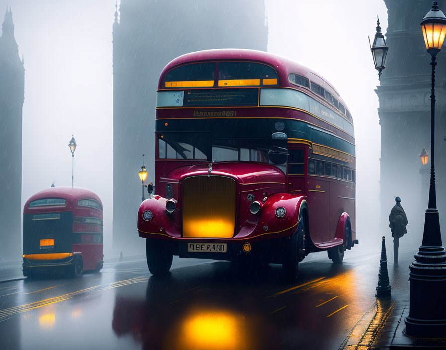 Misty London street with vintage red bus and traditional lampposts