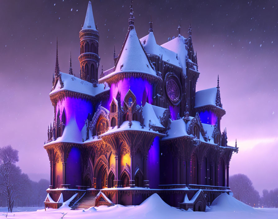 Ornate fairytale castle in snowy twilight landscape