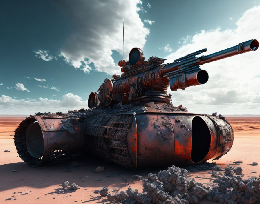 Abandoned futuristic tank with advanced turret in sandy landscape