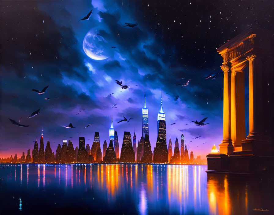 City skyline artwork: night scene with crescent moon, stars, birds, water reflection, classical architecture