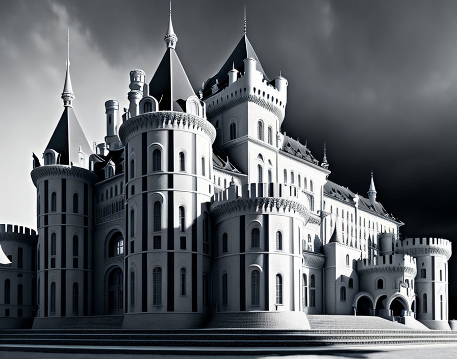 Majestic castle with towers and arched windows under dramatic sky