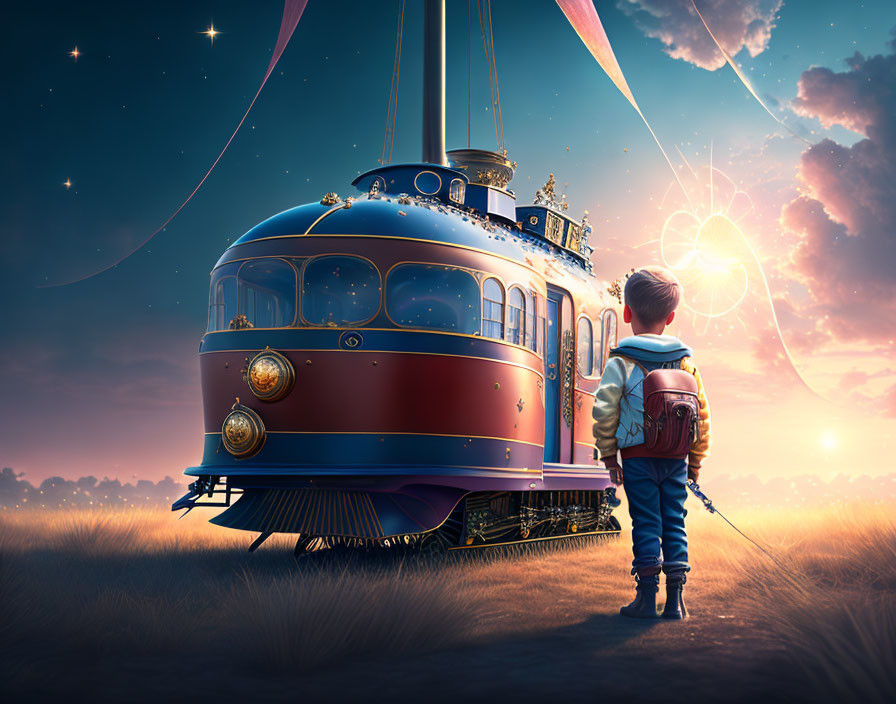 Child with backpack admires floating tram under starry sky