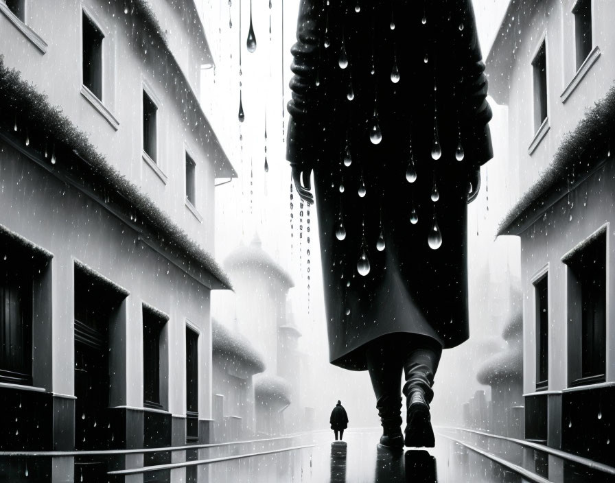 Solitary figure walking towards giant hand with cone-shaped object in snowy urban scene