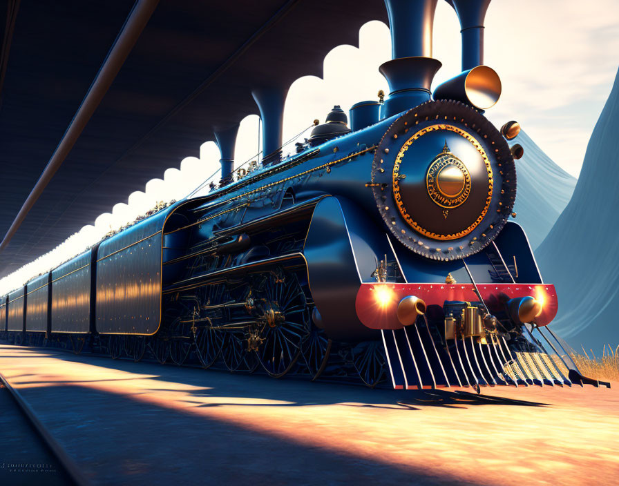 Vintage Blue Steam Locomotive with Golden Accents at Modern Station