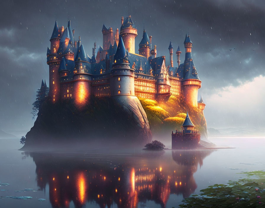 Illuminated castle on misty lakeshore under dark, rainy sky