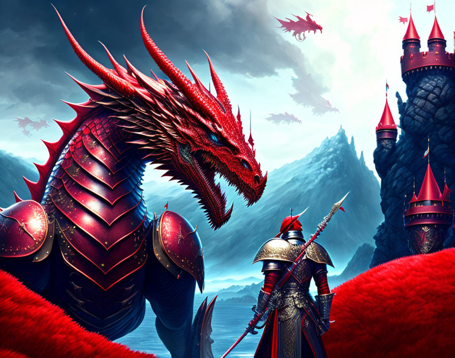 Red knight faces off against large dragon in fantasy landscape with flying dragons and red-turreted castles