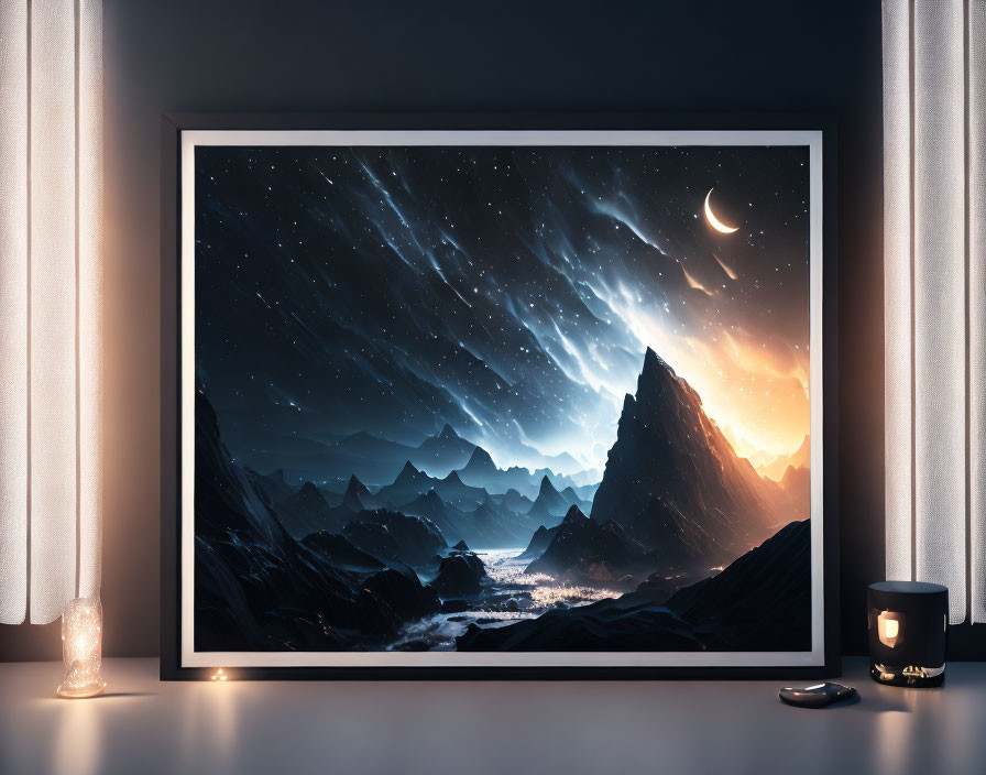 Framed scenic cosmic landscape with stars, moon, mountains, river on dark wall.