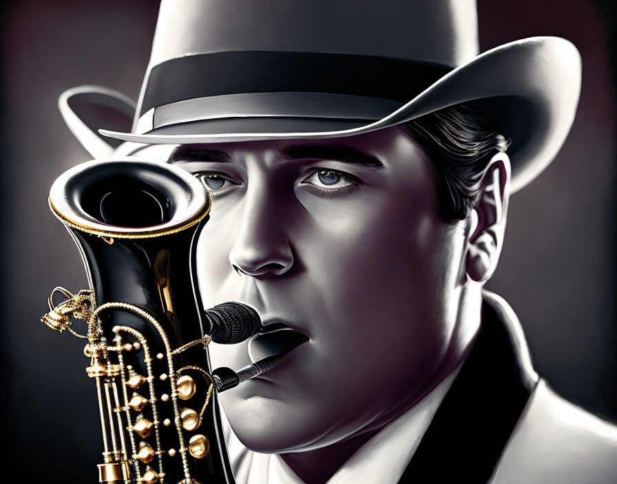 Monochrome noir-themed illustration of a man with a saxophone