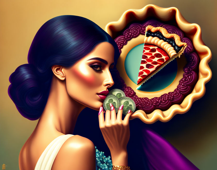 Illustration of woman with casino chips and pizza slice art.