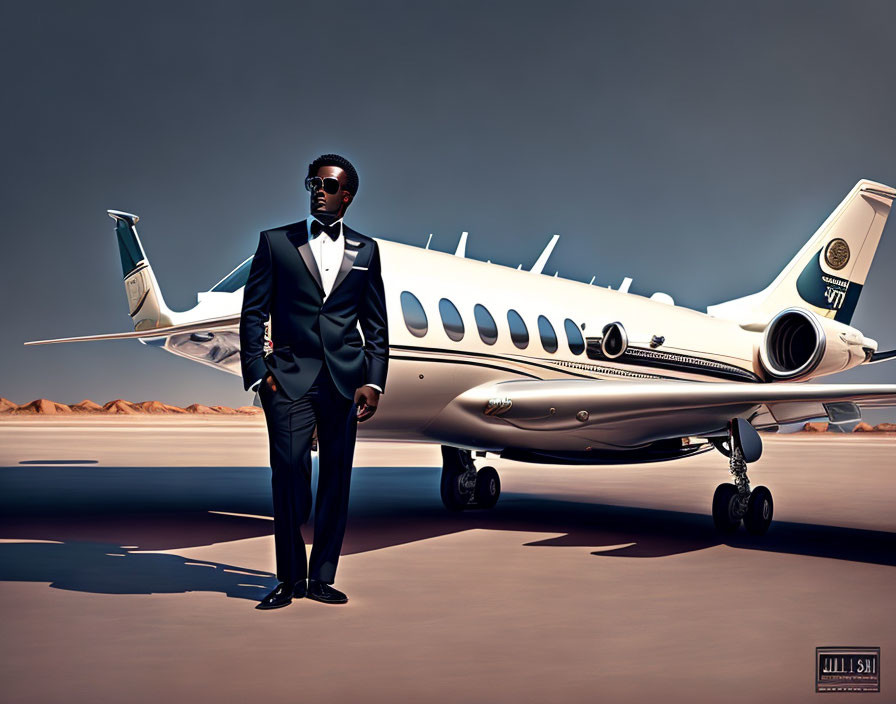 Confident man in black suit by private jet on arid landscape