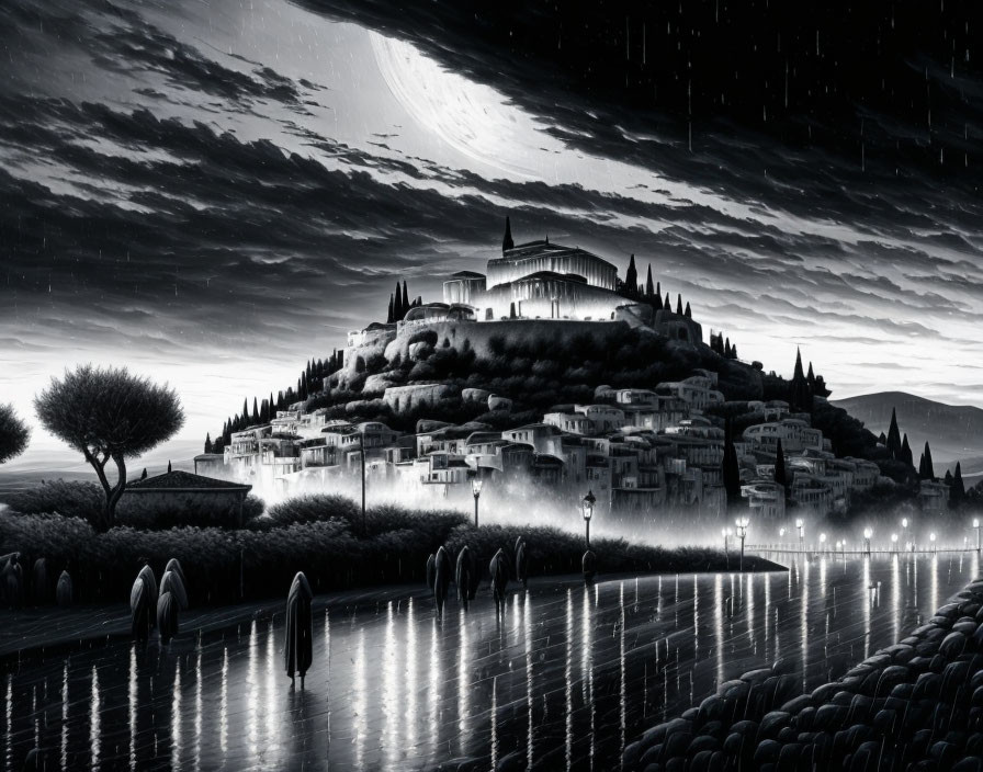 Monochromatic hilltop town night scene with illuminated streets and silhouetted figures