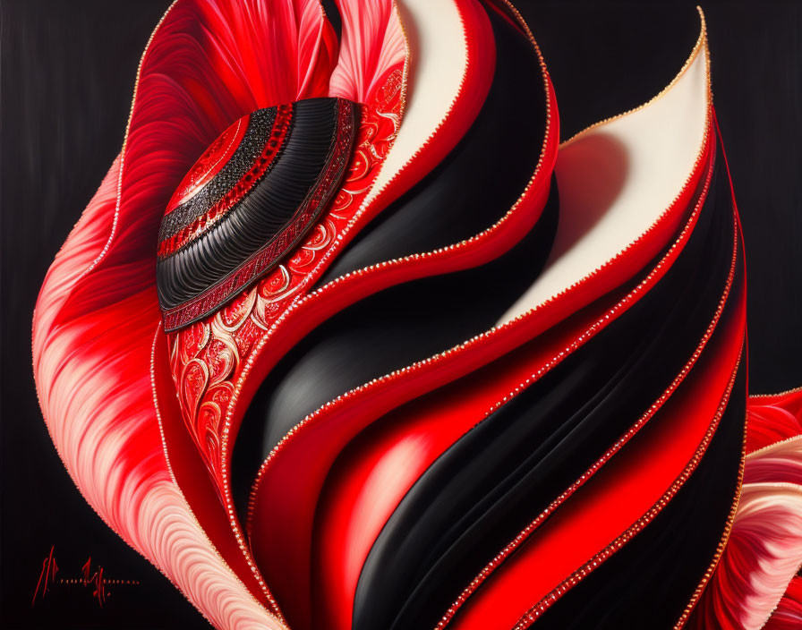 Abstract painting with black, red, and white swirls on textured black background