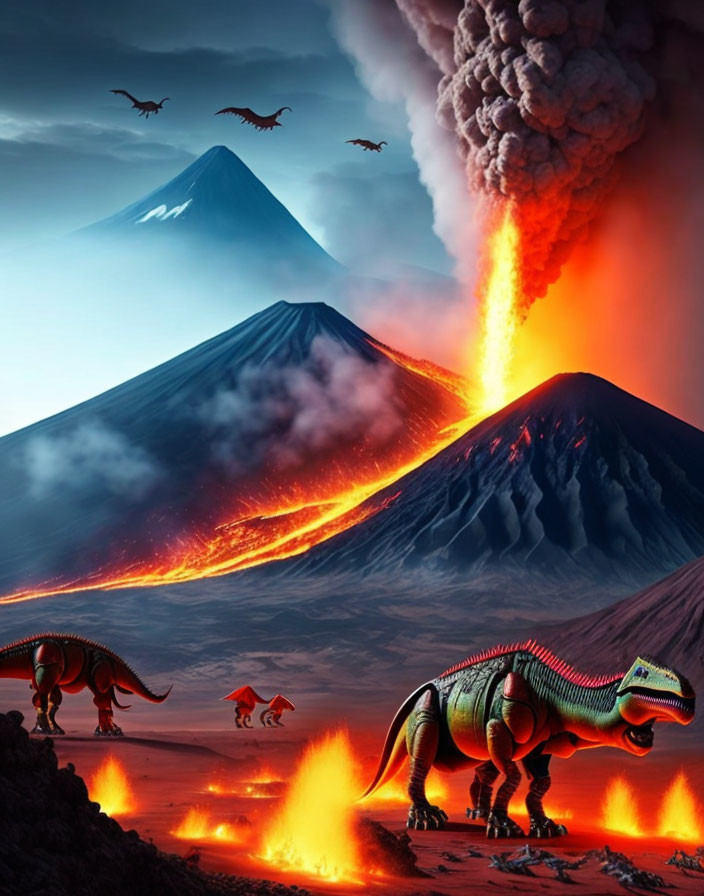 Volcano eruption with lava, dinosaurs, and flying reptiles in dark sky