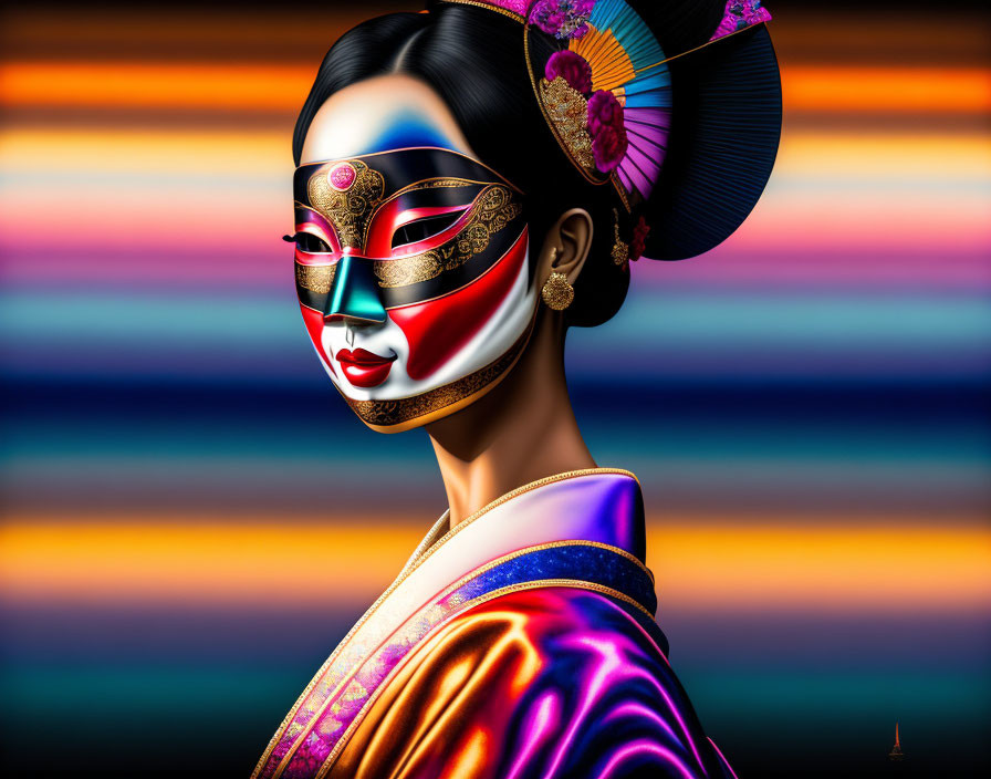 Woman portrait with stylized mask, headdress, kimono on colorful background