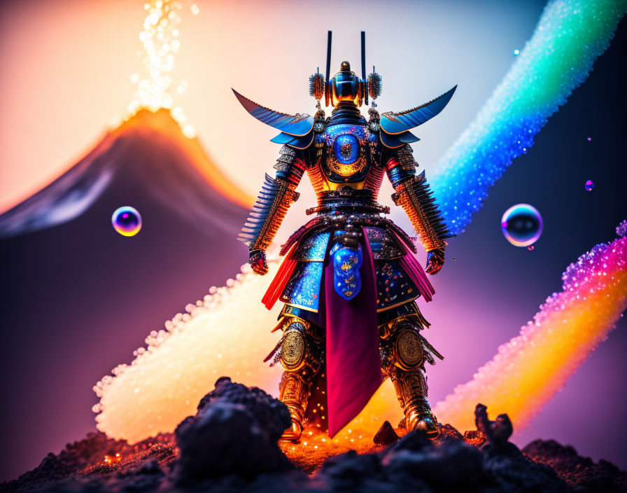 Stylized samurai figure in ornate armor against vibrant neon backdrop.