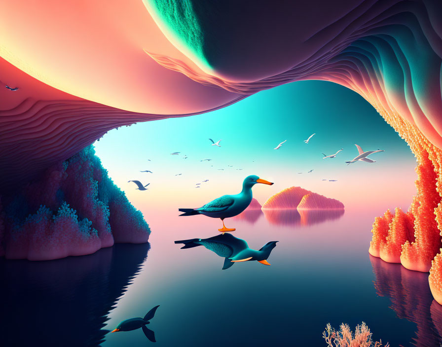 Surreal landscape with seagull, reflective waters, colorful cliffs