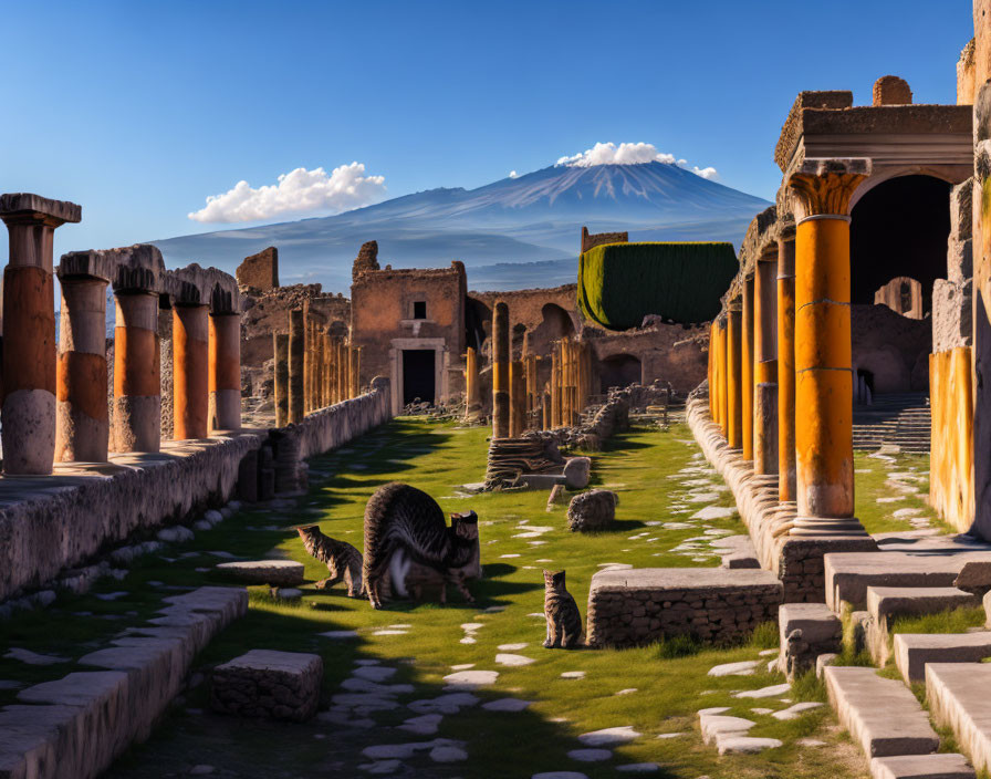 Ancient ruins with columns, mountain backdrop, and a cat on grass