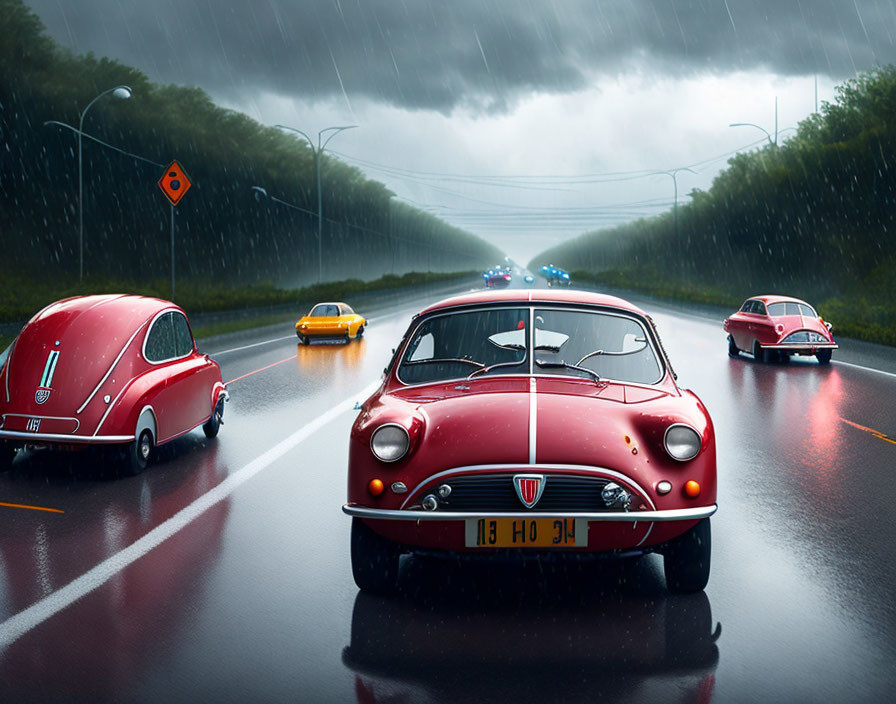 Vintage red car leads colorful vehicles on wet road under stormy skies