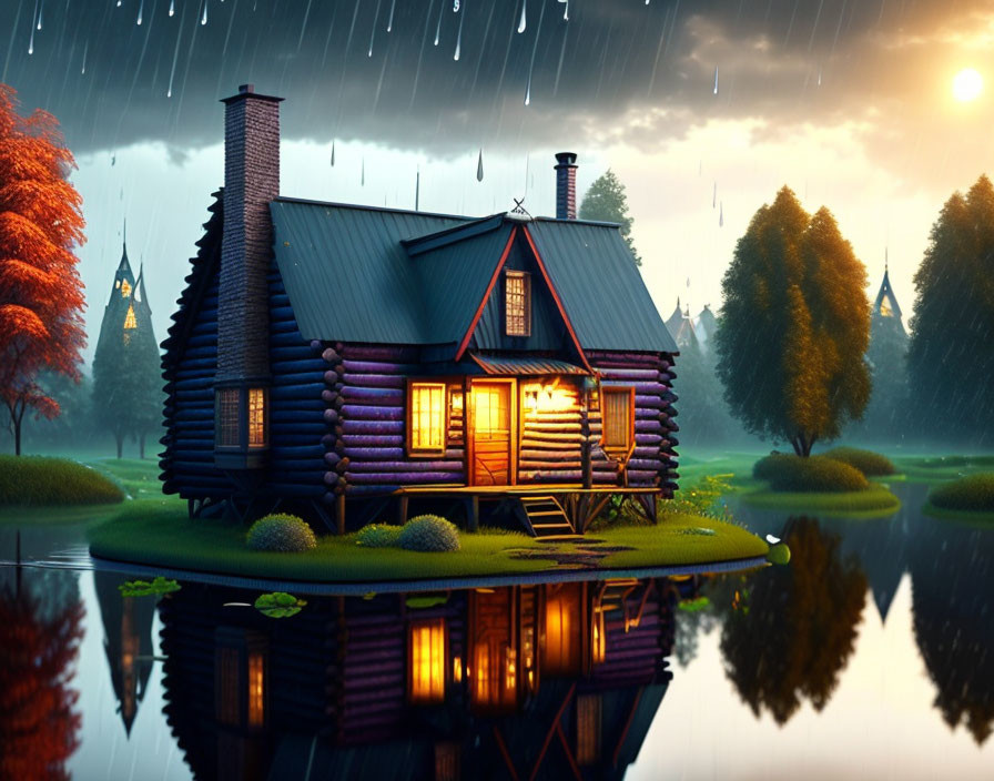 Cozy log cabin on island in rainy dusk scene.