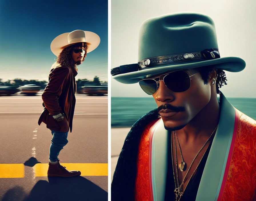 Stylized portraits of individuals in fashionable hats and attire with blurred road scene