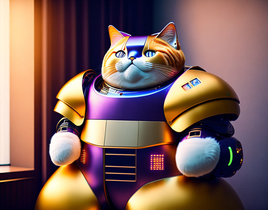 Futuristic robot with orange tabby cat head and white gloves in ambient indoor lighting