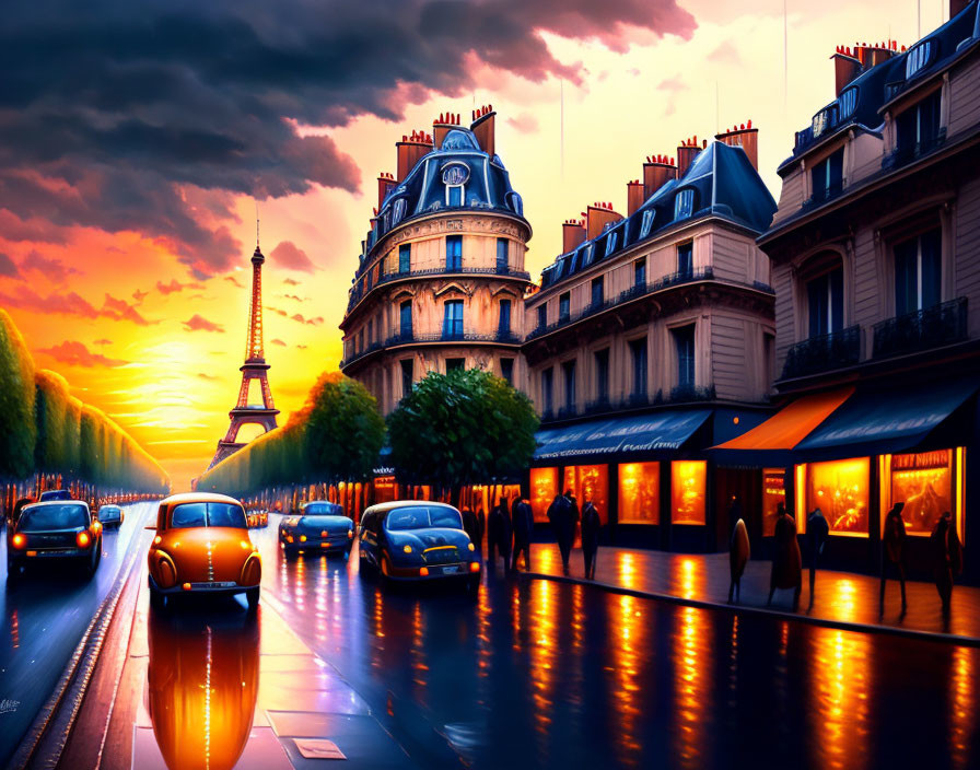 Sunset street scene with Eiffel Tower, wet road, Parisian architecture.