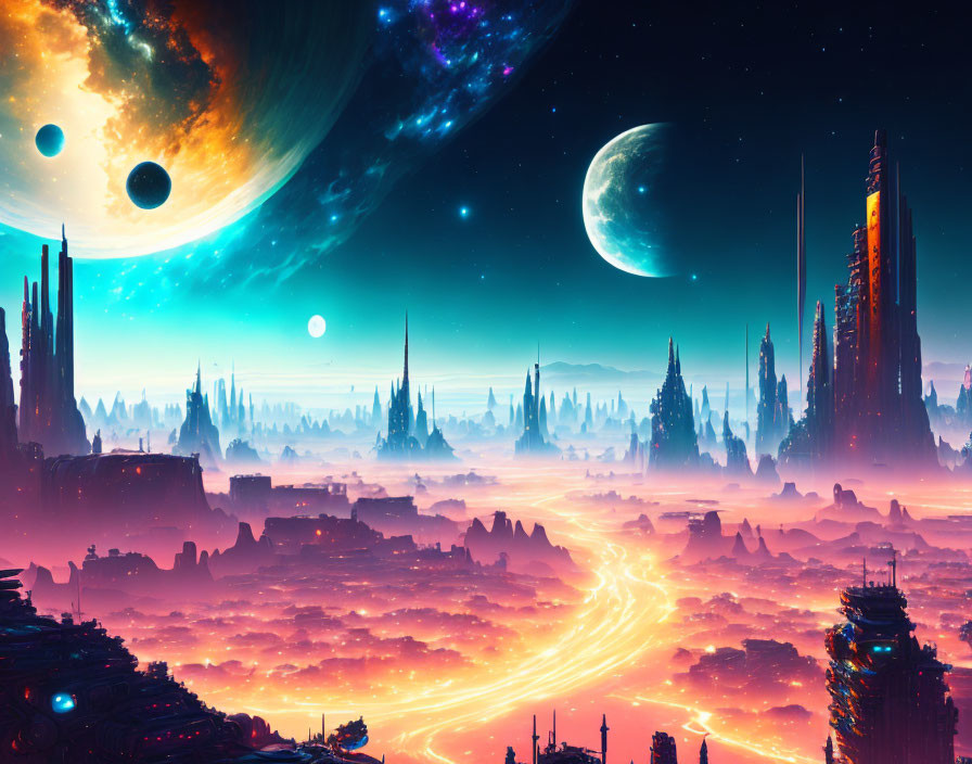 Futuristic Cityscape with Glowing Roads and Celestial Bodies