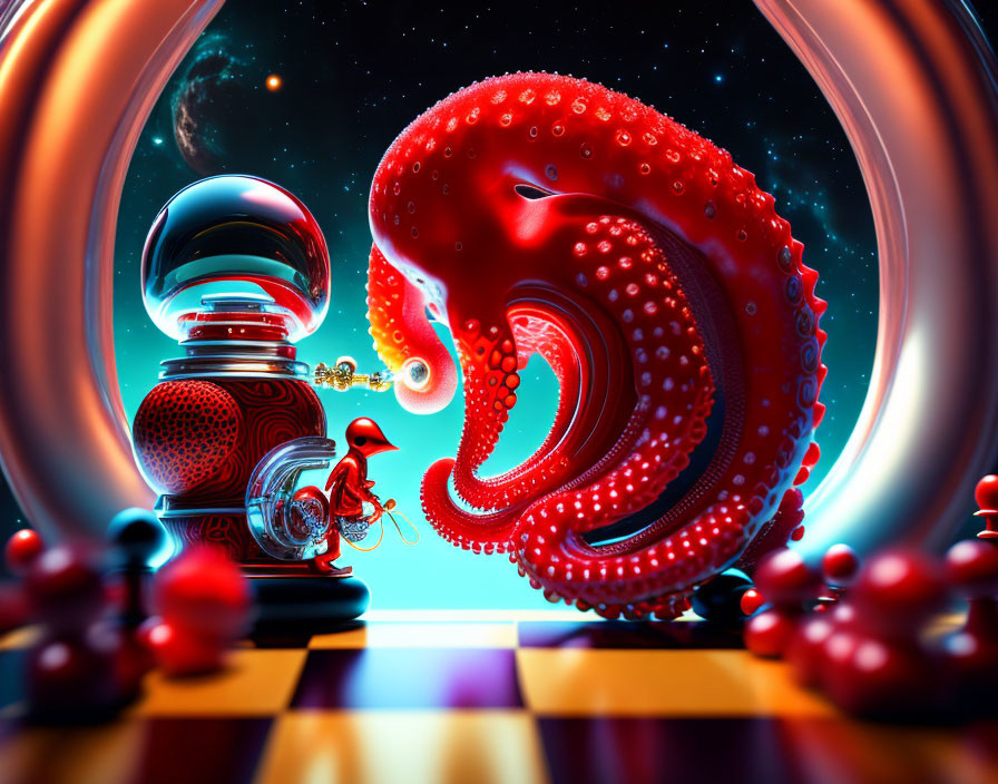 red octopus playing chess with an astronaut in the