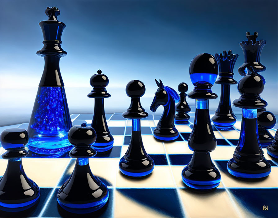 Futuristic 3D Rendered Chessboard in Blue and Black Tones