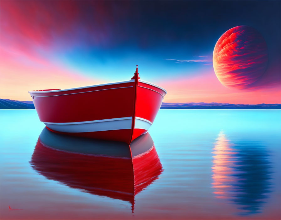 Colorful painting of red and white boat on calm lake with red planet and vibrant sky reflected.