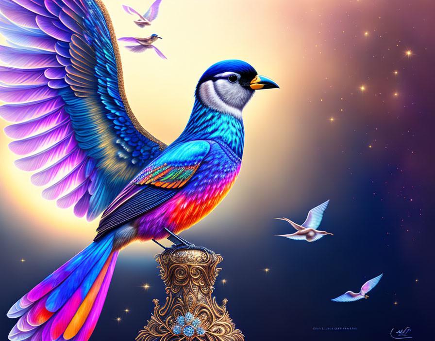 Colorful fantastical bird with iridescent wings perched on ornate stand under starry sky