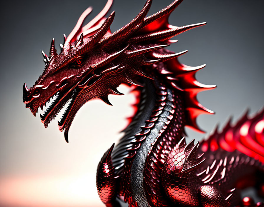 Detailed Red Dragon Sculpture with Intricate Scales and Horns