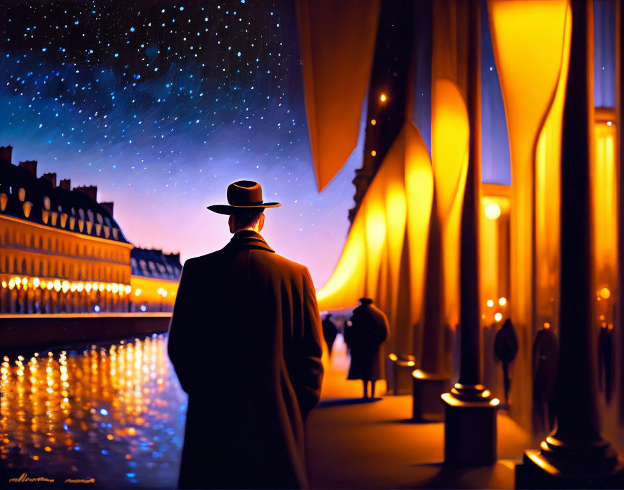 Person in Hat and Coat Contemplating Starry Night Sky by River