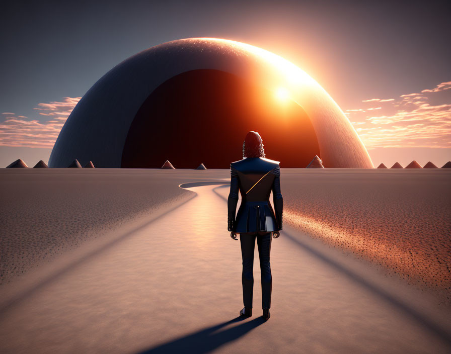 Person on sandy path towards giant planet at sunset with triangular structures