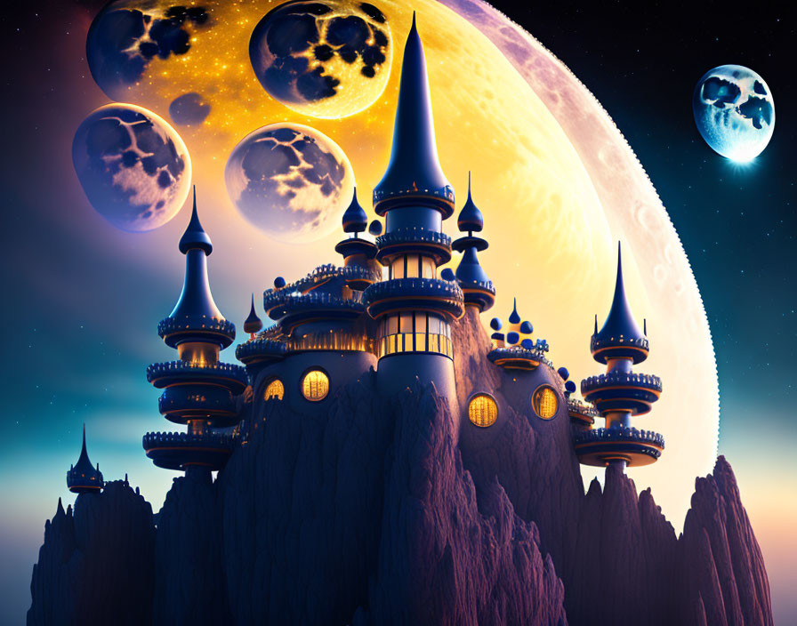 Fantasy castle with spires on rocky outcrop under starry sky.